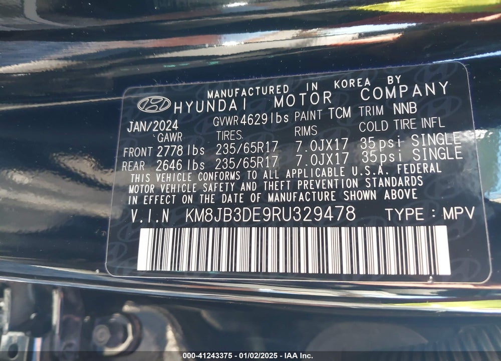 2024 HYUNDAI TUCSON SEL VIN: KM8JB3DE9RU329478