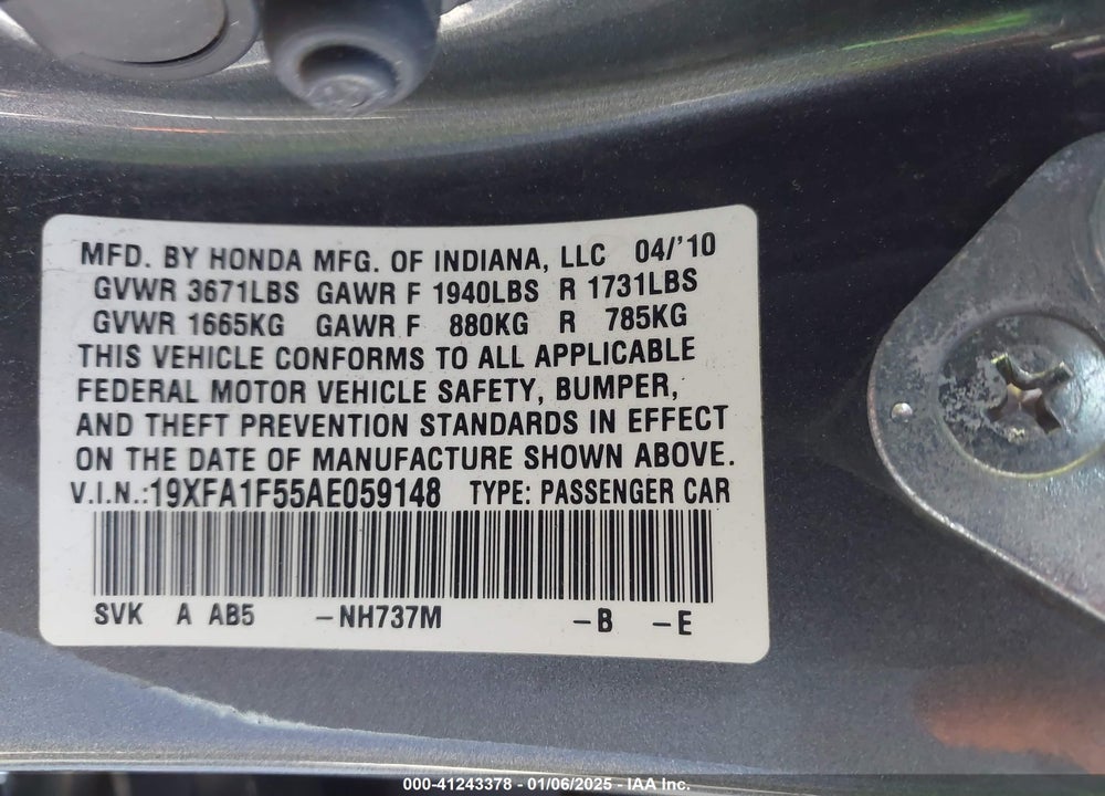 2010 HONDA CIVIC LX VIN: 19XFA1F55AE059148