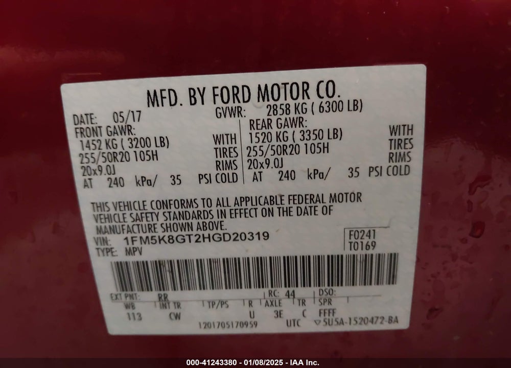 2017 FORD EXPLORER SPORT VIN: 1FM5K8GT2HGD20319