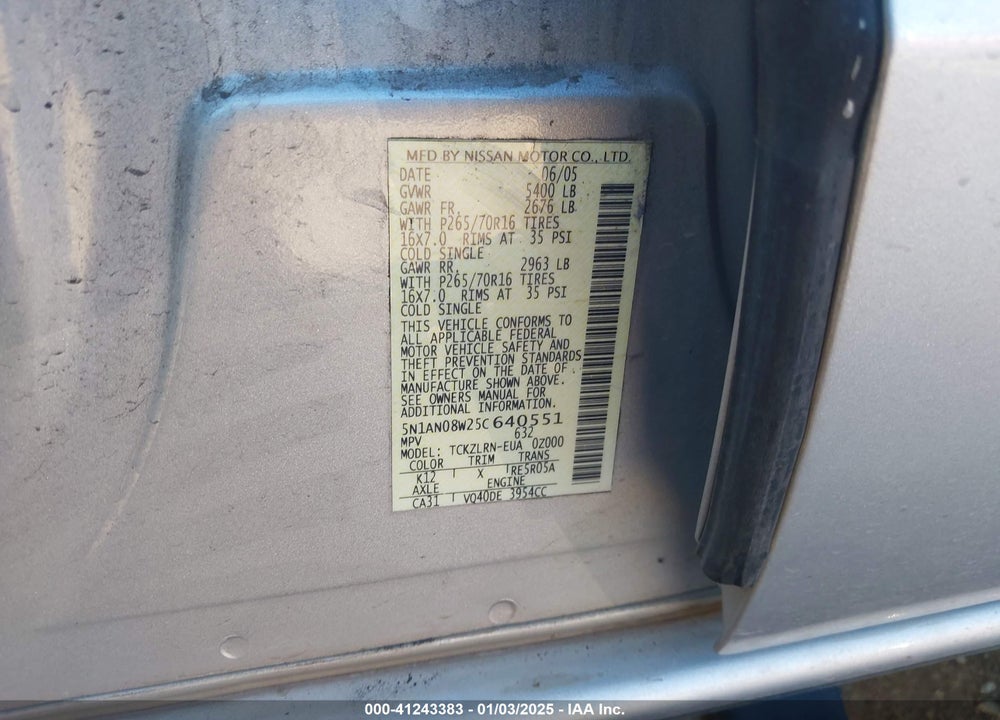 2005 NISSAN XTERRA VIN: 5N1AN08W25C640551