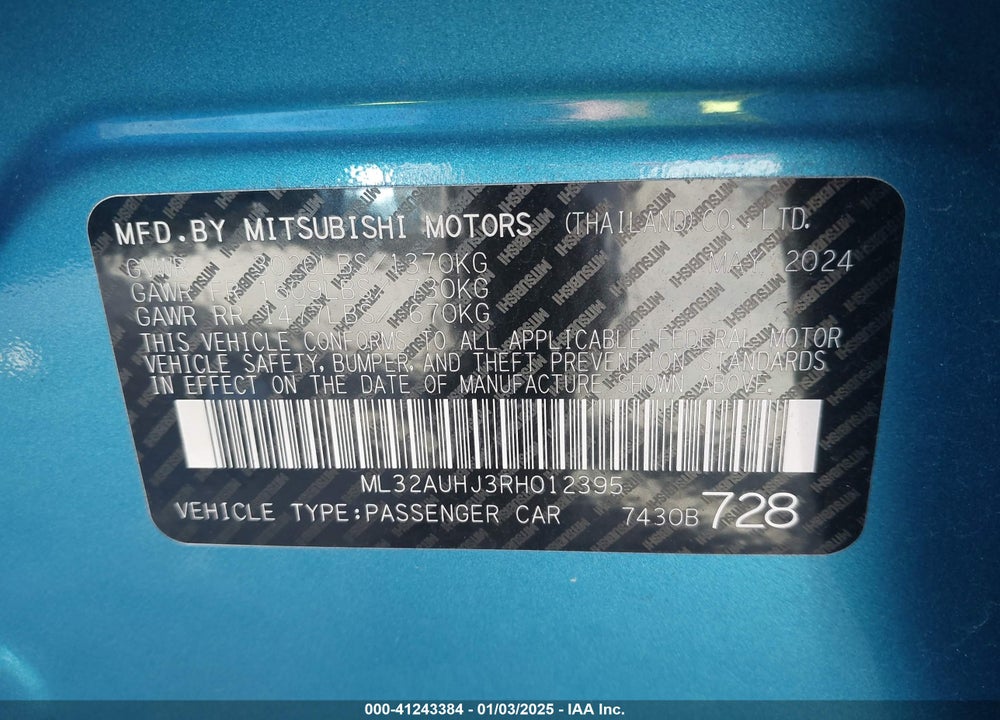 2024 MITSUBISHI MIRAGE ES/LE VIN: ML32AUHJ3RH012395