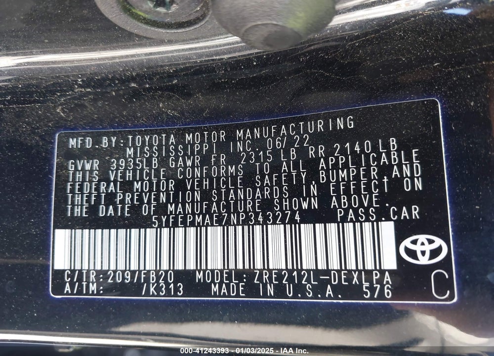 2022 TOYOTA COROLLA LE VIN: 5YFEPMAE7NP343274