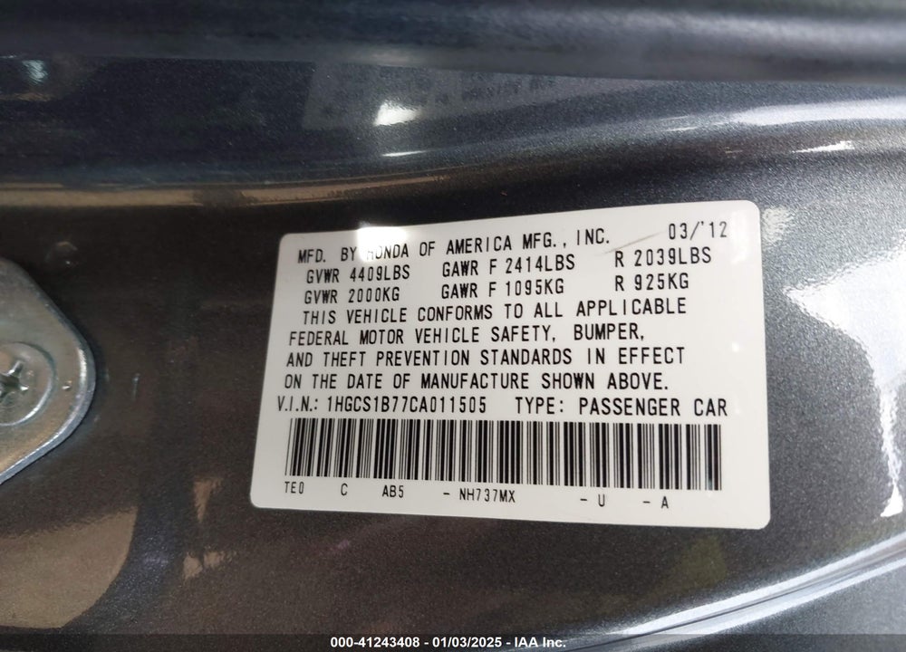 2012 HONDA ACCORD VIN: 1HGCS1B77CA011505