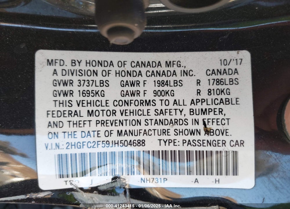 2018 HONDA CIVIC LX VIN: 2HGFC2F59JH504688