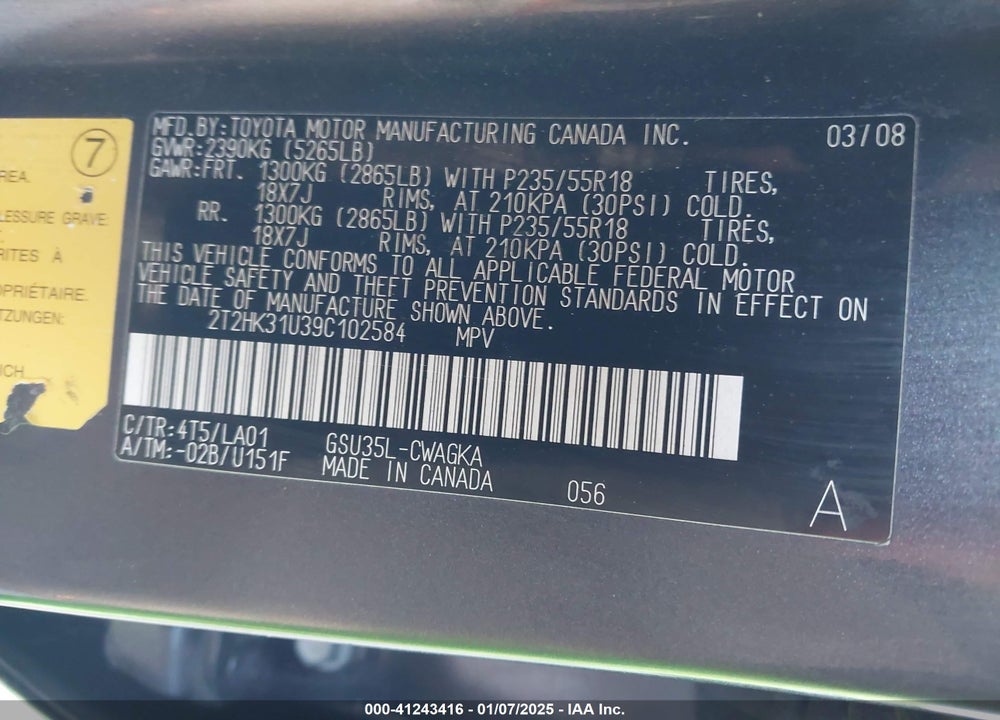 2009 LEXUS RX 350 VIN: 2T2HK31U39C102584