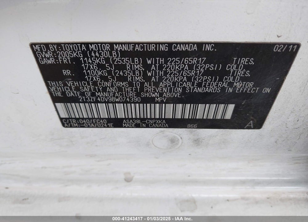 2011 TOYOTA RAV4 VIN: 2T3ZF4DV9BW074390