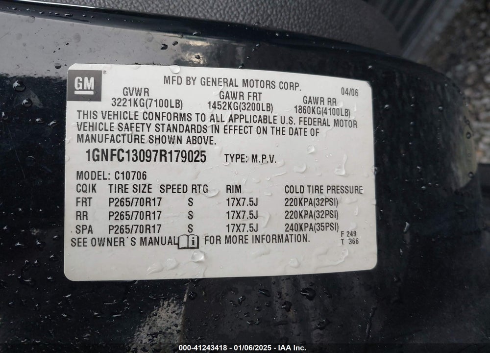 2007 CHEVROLET TAHOE LT VIN: 1GNFC13097R179025