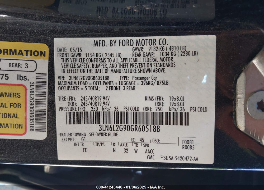 2016 LINCOLN MKZ VIN: 3LN6L2G90GR605188