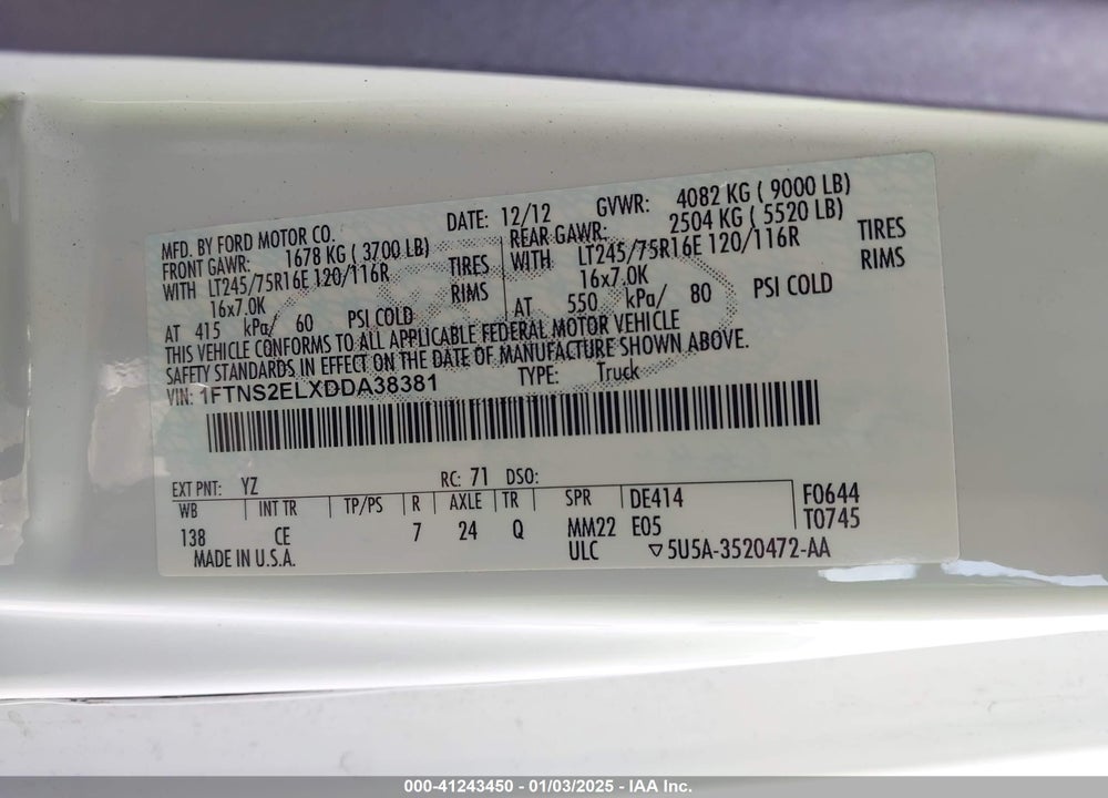 2013 FORD E-250 COMMERCIAL VIN: 1FTNS2ELXDDA38381