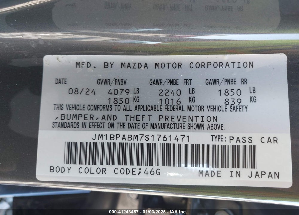2025 MAZDA 3 2.5 S SELECT SPORT VIN: JM1BPABM7S1761471
