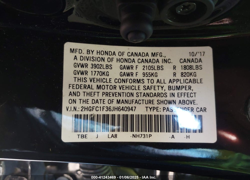 2018 HONDA CIVIC VIN: 2HGFC1F36JH640947