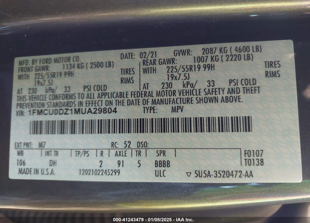 2021 FORD ESCAPE TITANIUM HYBRID VIN: 1FMCU0DZ1MUA29804