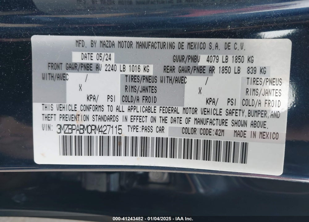 2024 MAZDA 3 2.5 S SELECT SPORT VIN: 3MZBPABM0RM427115