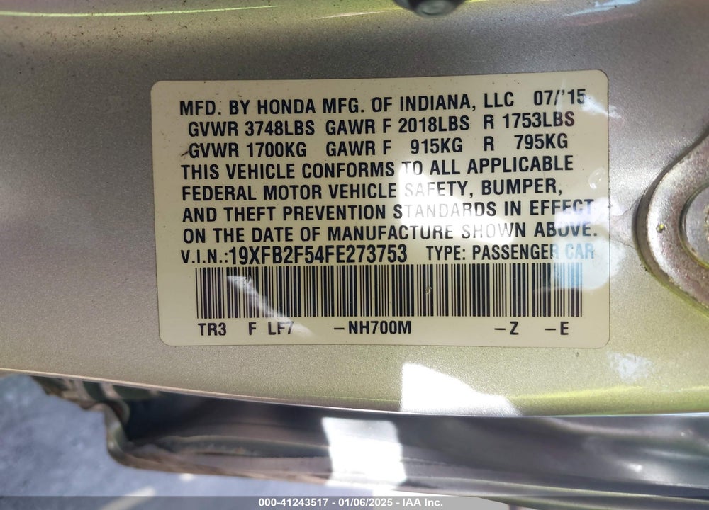 2015 HONDA CIVIC LX VIN: 19XFB2F54FE273753