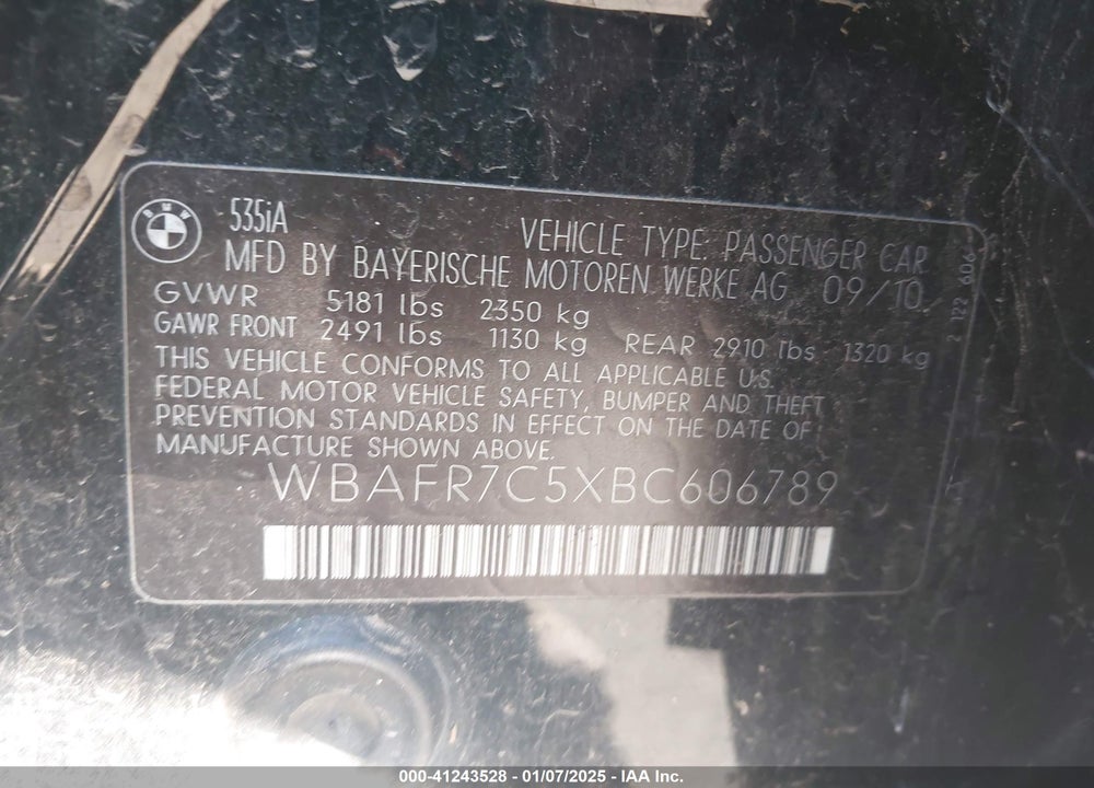 2011 BMW 535I VIN: WBAFR7C5XBC606789