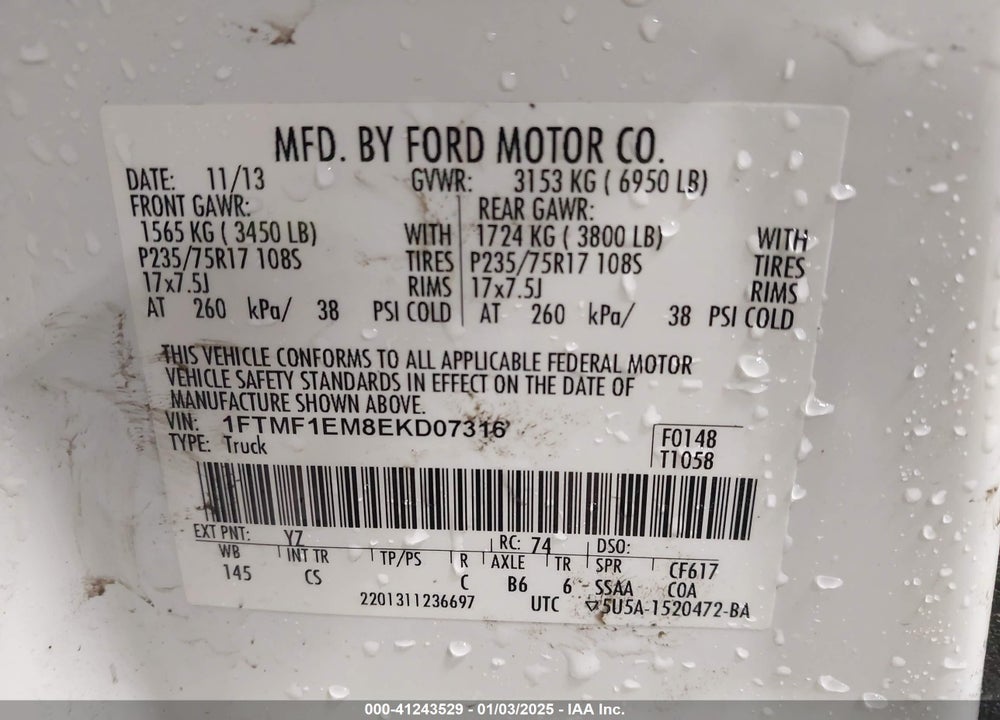 2014 FORD F150 VIN: 1FTMF1EM8EKD07316
