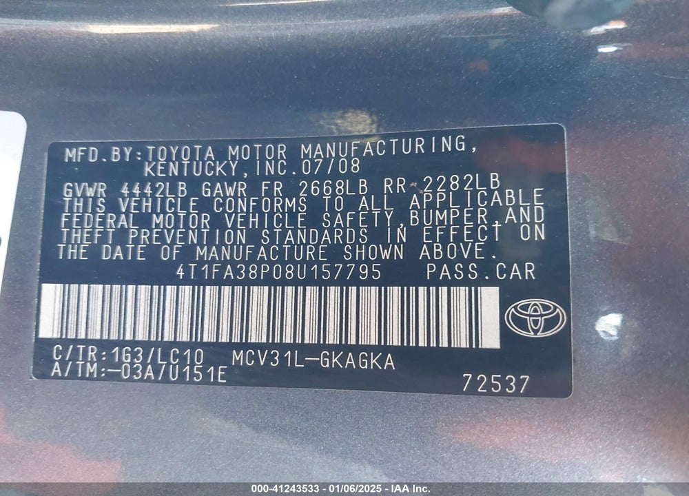 2008 TOYOTA CAMRY SOLARA SLE VIN: 4T1FA38P08U157795