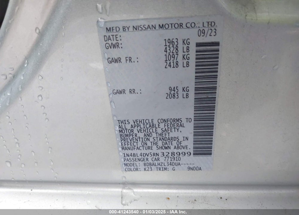 2024 NISSAN ALTIMA SV FWD VIN: 1N4BL4DV5RN328999