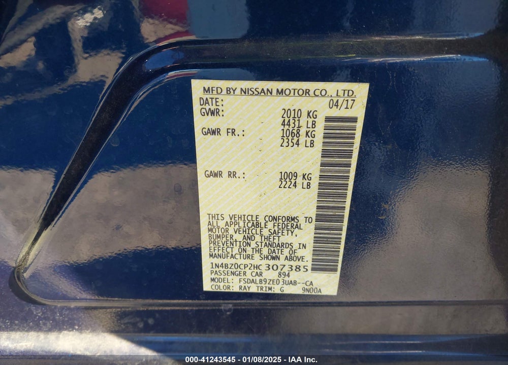2017 NISSAN LEAF VIN: 1N4BZ0CP2HC307385