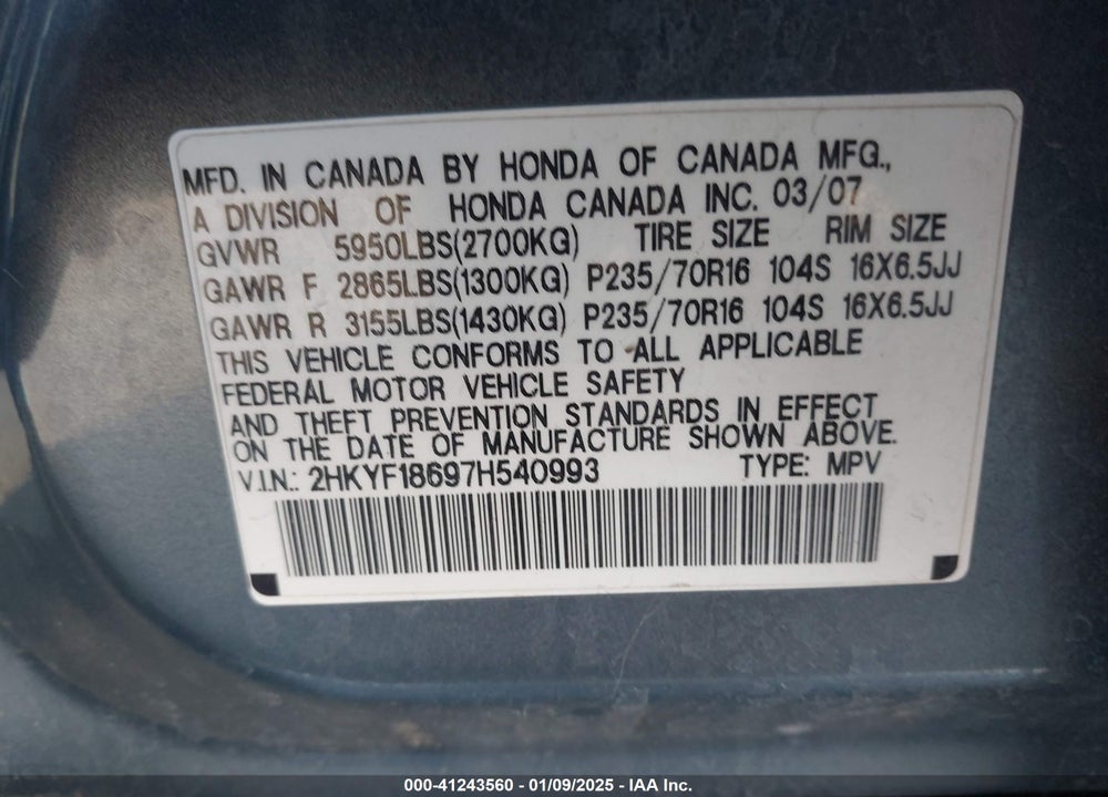2007 HONDA PILOT EX-L VIN: 2HKYF18697H540993
