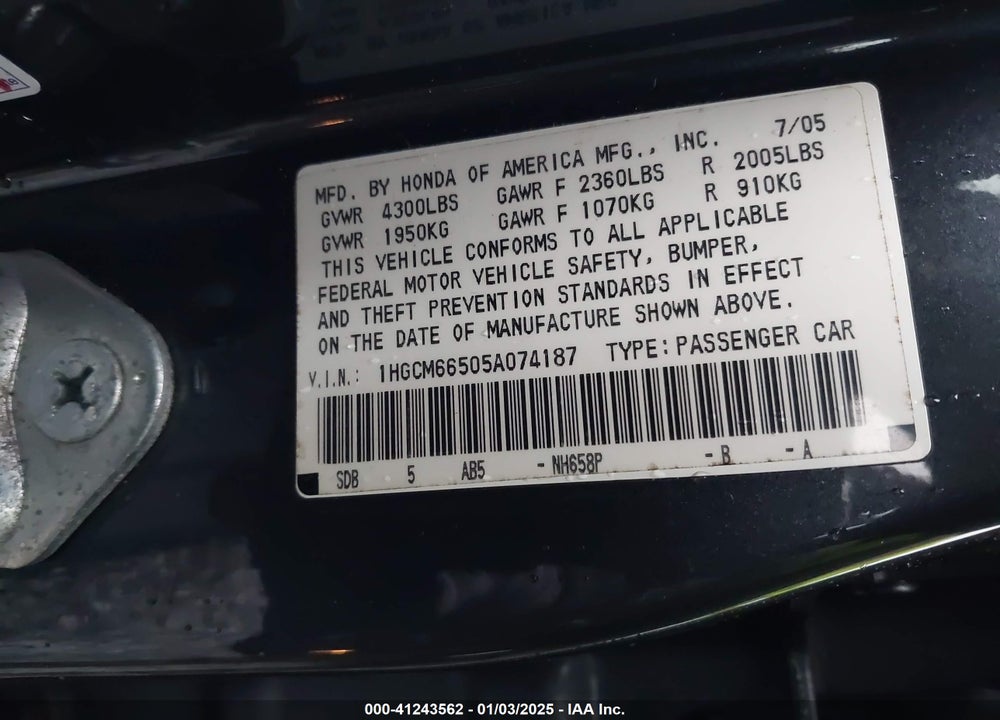 2005 HONDA ACCORD 3.0 EX VIN: 1HGCM66505A074187