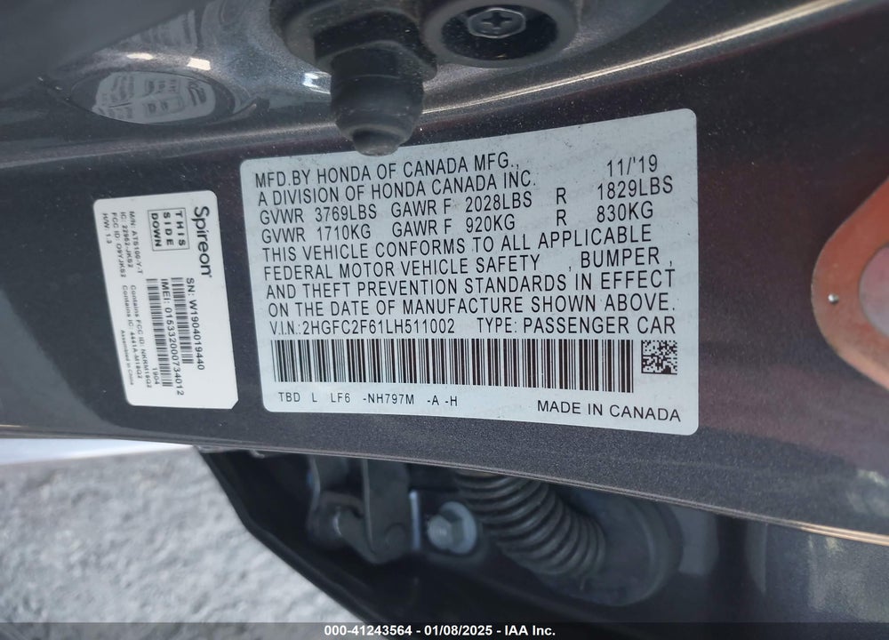 2020 HONDA CIVIC LX VIN: 2HGFC2F61LH511002