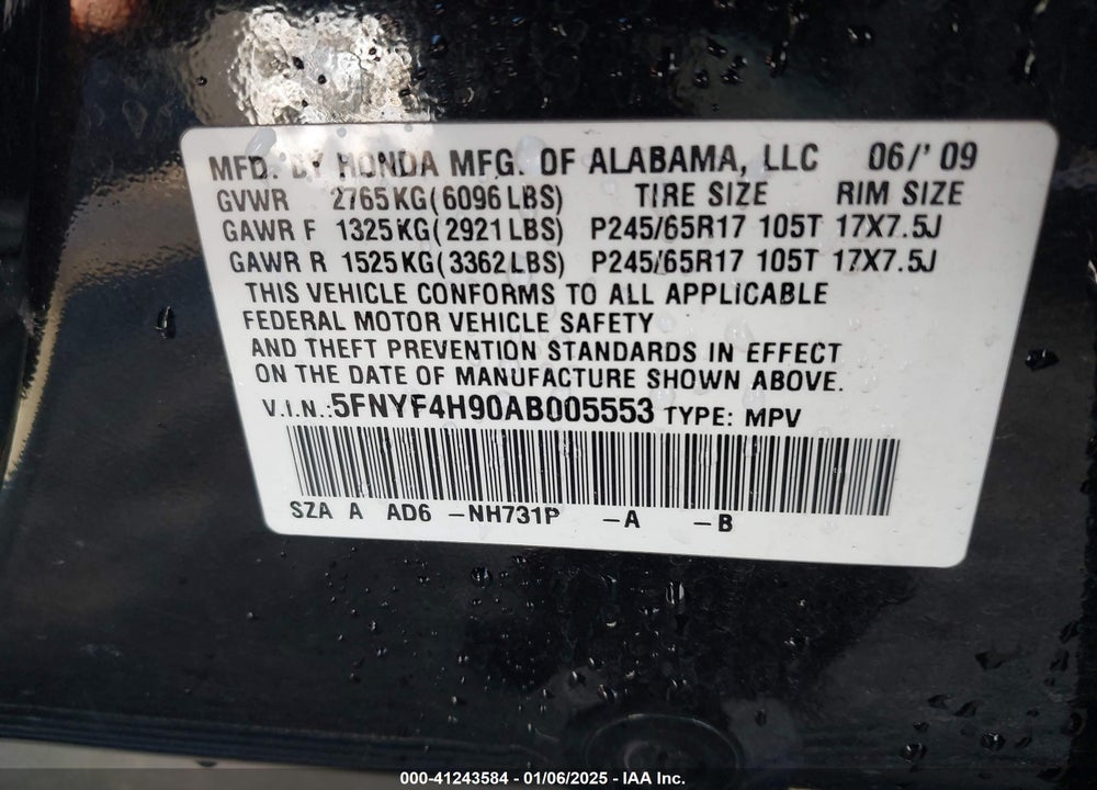 2010 HONDA PILOT TOURING VIN: 5FNYF4H90AB005553