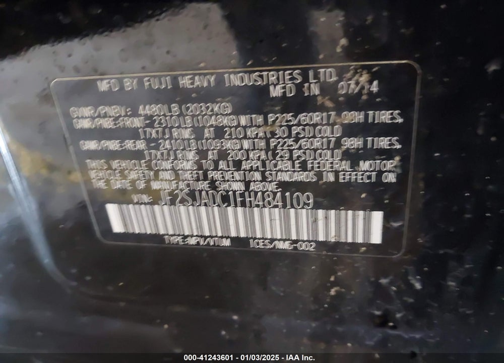 2015 SUBARU FORESTER 2.5I PREMIUM VIN: JF2SJADC1FH484109