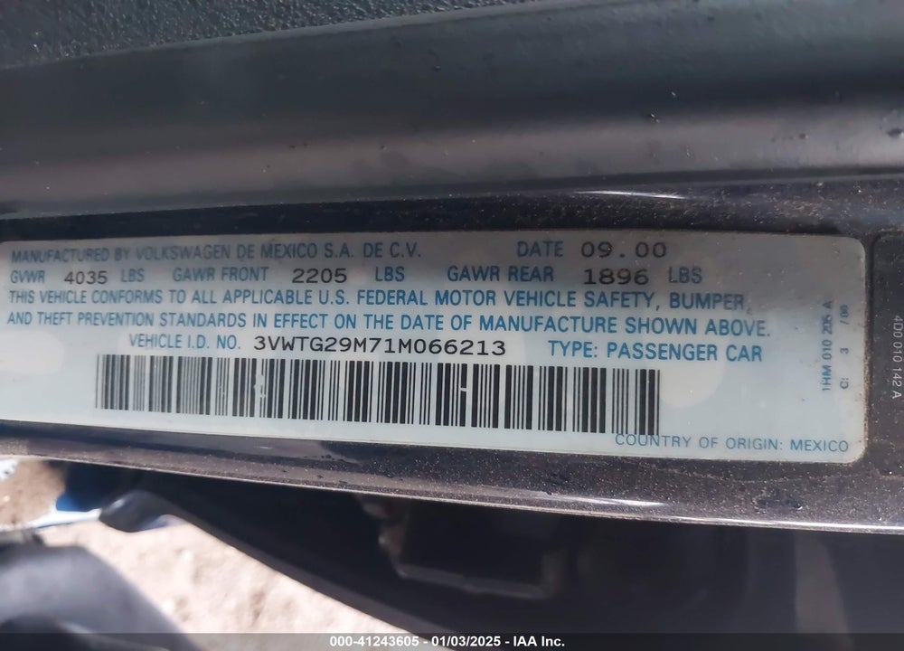2001 VOLKSWAGEN JETTA GLX VIN: 3VWTG29M71M066213