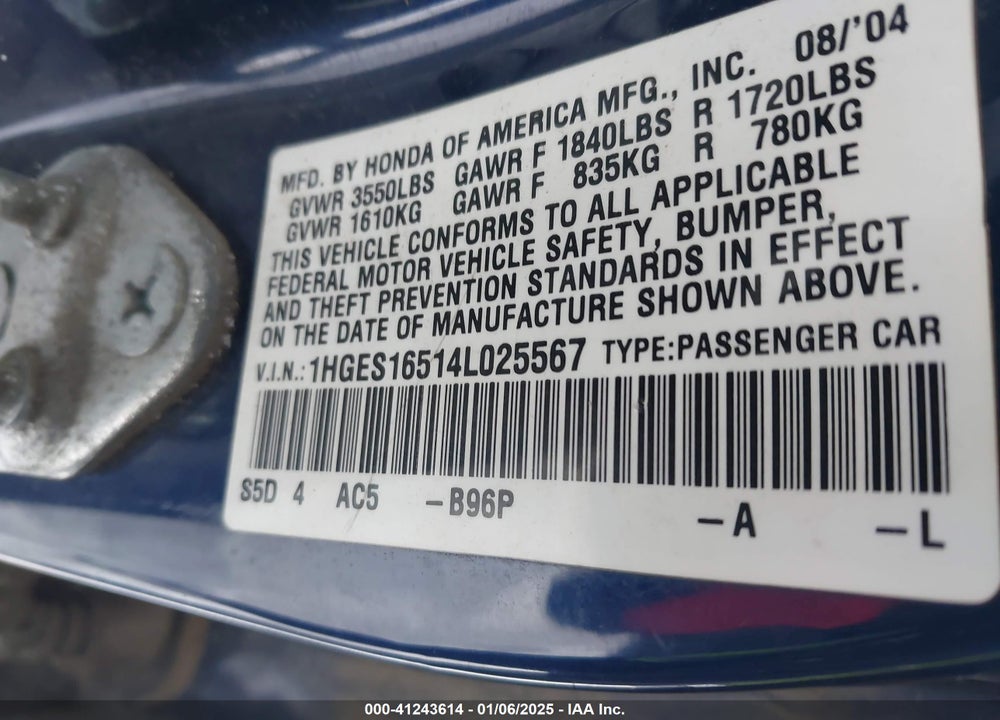 2004 HONDA CIVIC LX VIN: 1HGES16514L025567