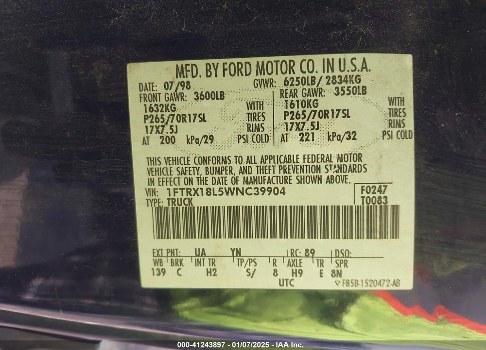 1998 FORD F-150 LARIAT/STANDARD/XL/XLT VIN: 1FTRX18L5WNC39904