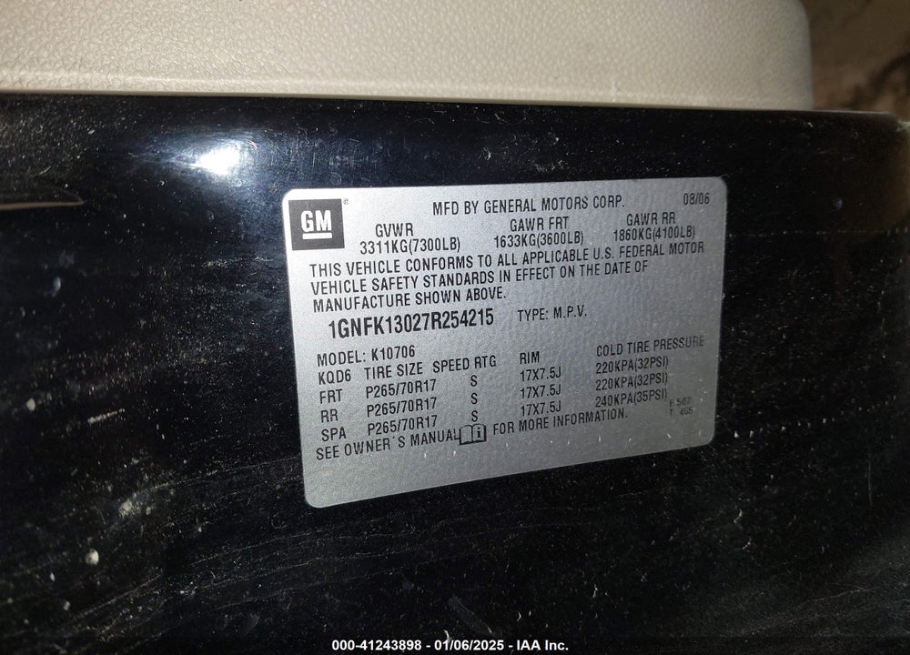 2007 CHEVROLET TAHOE VIN: 1GNFK13027R254215