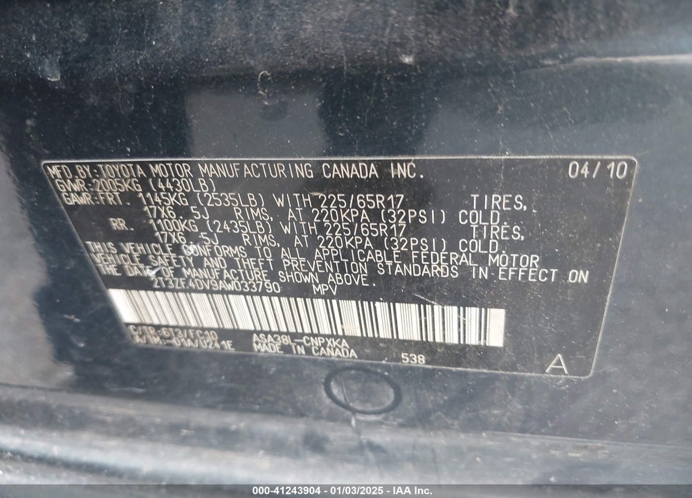 2010 TOYOTA RAV4 VIN: 2T3ZF4DV9AW033790