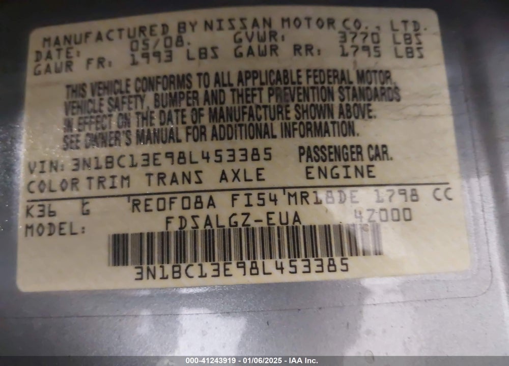 2008 NISSAN VERSA 1.8SL VIN: 3N1BC13E98L453385