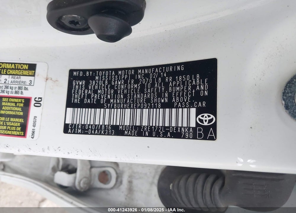 2014 TOYOTA COROLLA LE VIN: 5YFBURHEXEP092118