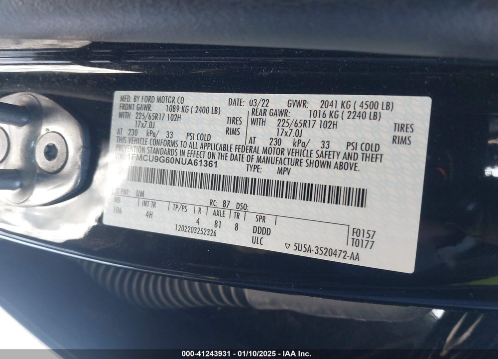 2022 FORD ESCAPE SE VIN: 1FMCU9G60NUA61361