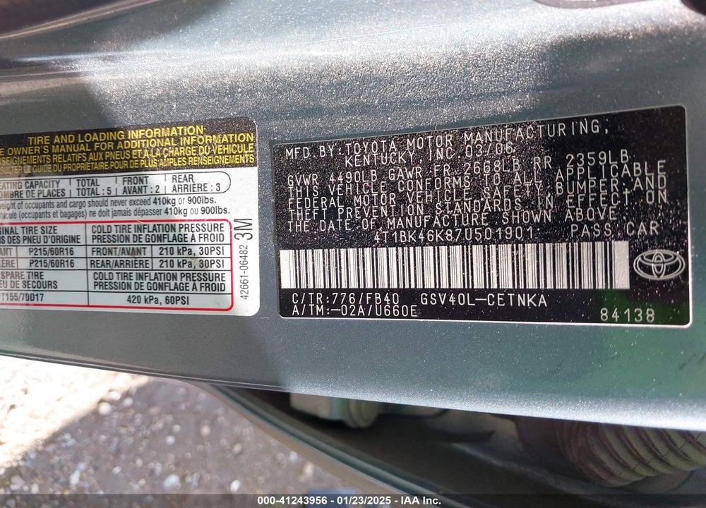 2007 TOYOTA CAMRY VIN: 4T1BK46K87U501901