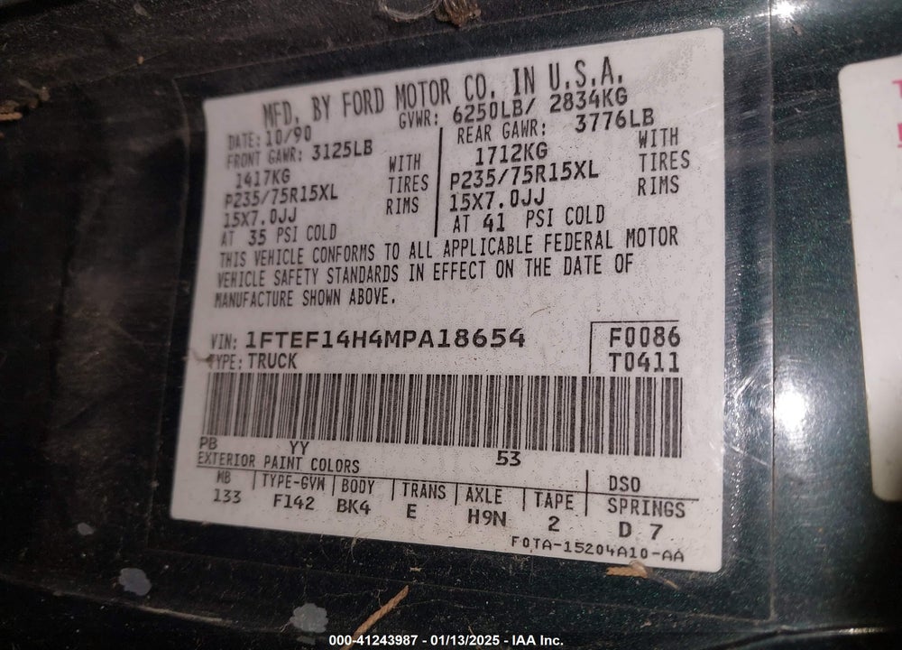 1991 FORD F150 VIN: 1FTEF14H4MPA18654
