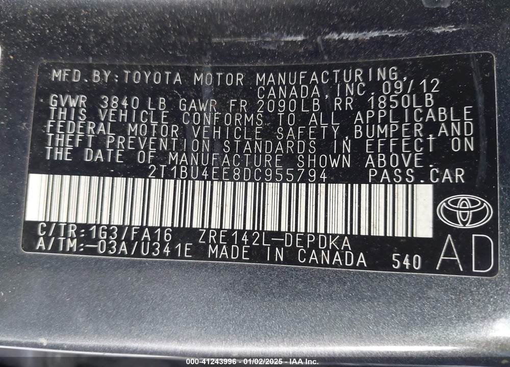 2013 TOYOTA COROLLA L VIN: 2T1BU4EE8DC955794