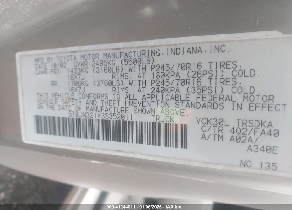 2003 TOYOTA TUNDRA VIN: 5TBJN321X3S352011