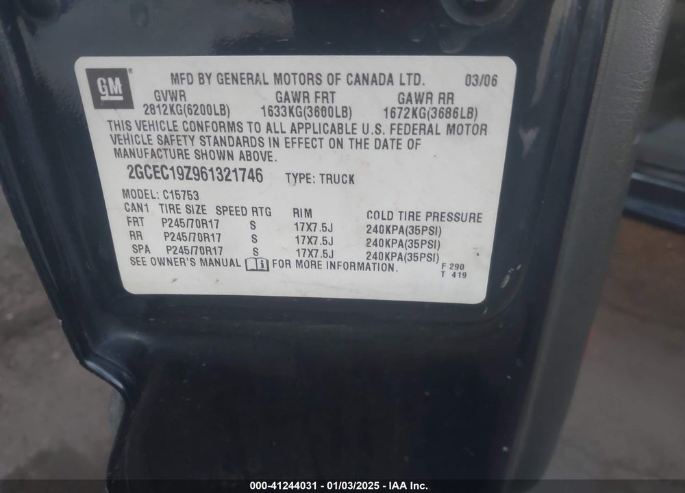 2006 CHEVROLET SILVERADO 1500 LT1 VIN: 2GCEC19Z961321746