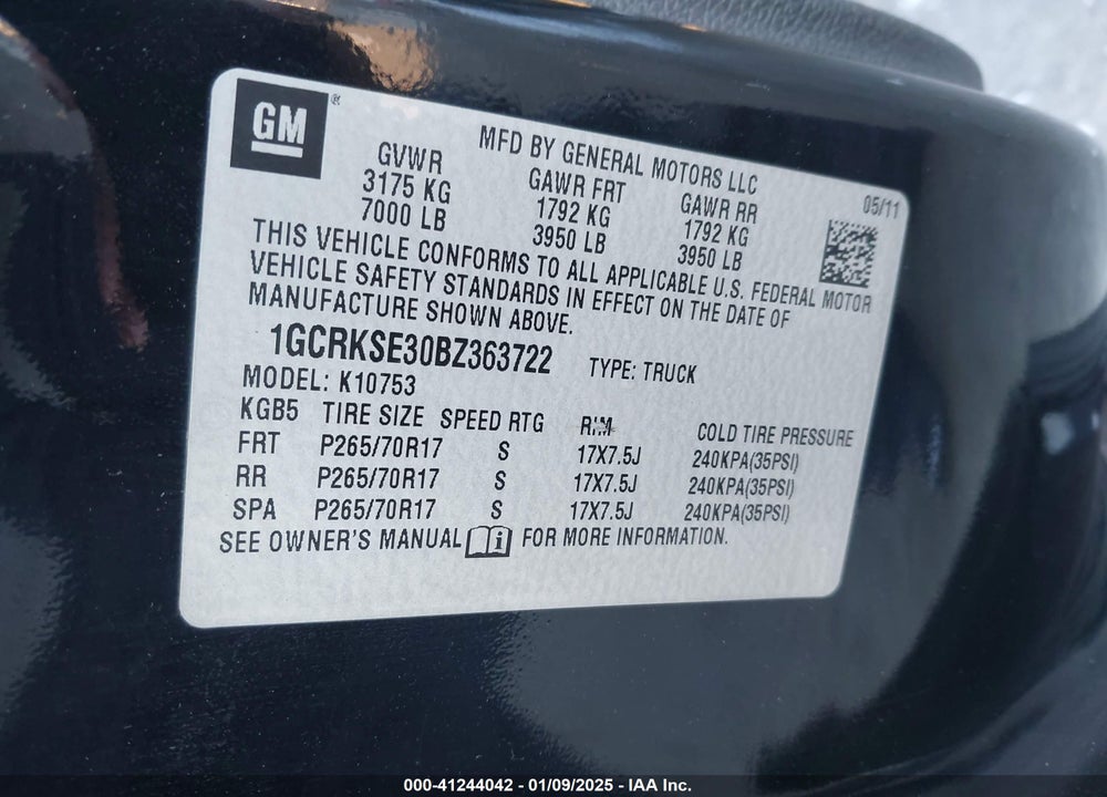 2011 CHEVROLET SILVERADO 1500 LT VIN: 1GCRKSE30BZ363722