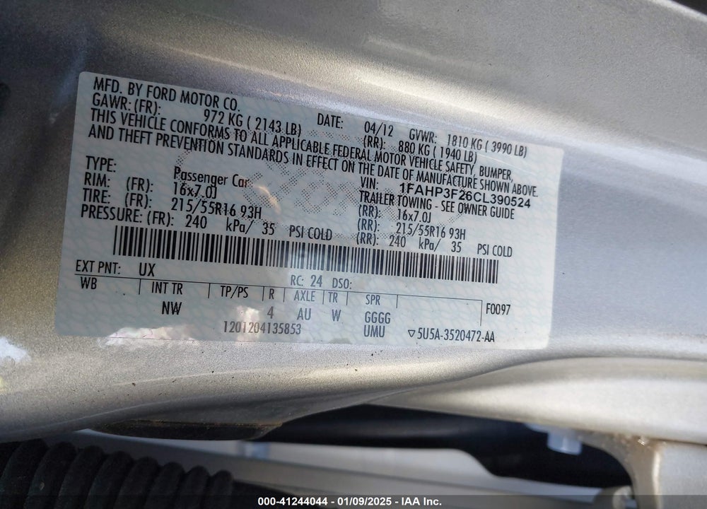 2012 FORD FOCUS SE VIN: 1FAHP3F26CL390524