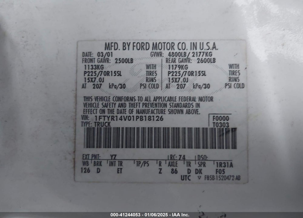 2001 FORD RANGER EDGE/XL/XLT VIN: 1FTYR14V01PB18126
