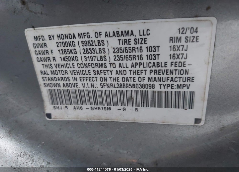 2005 HONDA ODYSSEY EX-L VIN: 5FNRL38695B038098