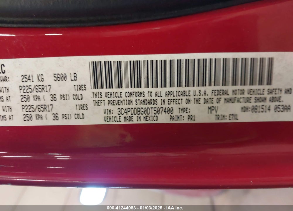 2013 DODGE JOURNEY SXT VIN: 3C4PDDBG0DT507400
