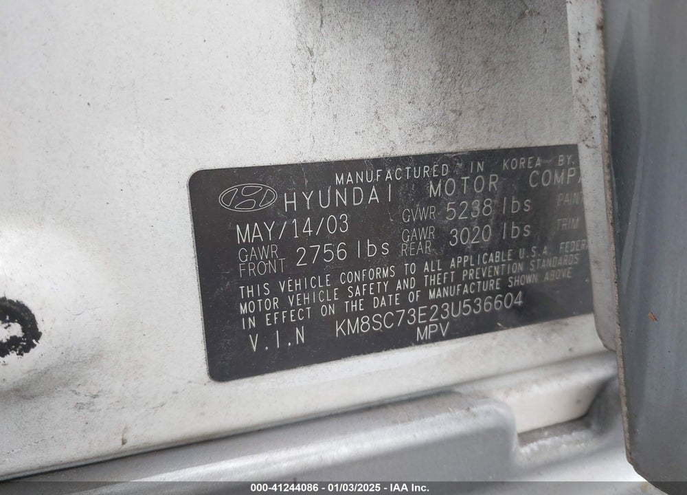 2003 HYUNDAI SANTA FE GLS/LX VIN: KM8SC73E23U536604