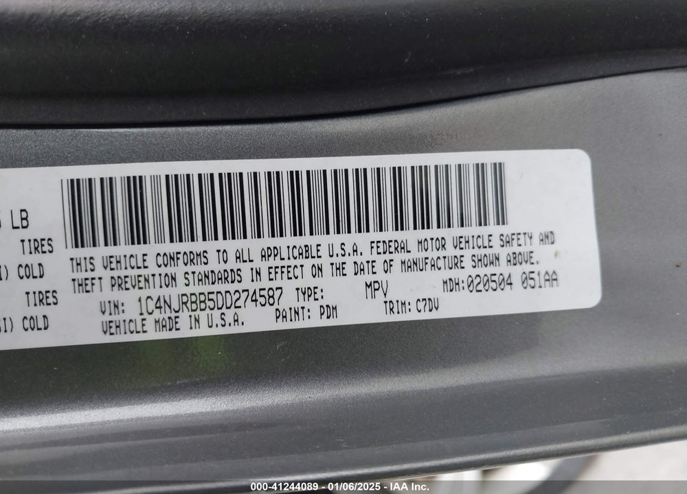 2013 JEEP PATRIOT SPORT VIN: 1C4NJRBB5DD274587