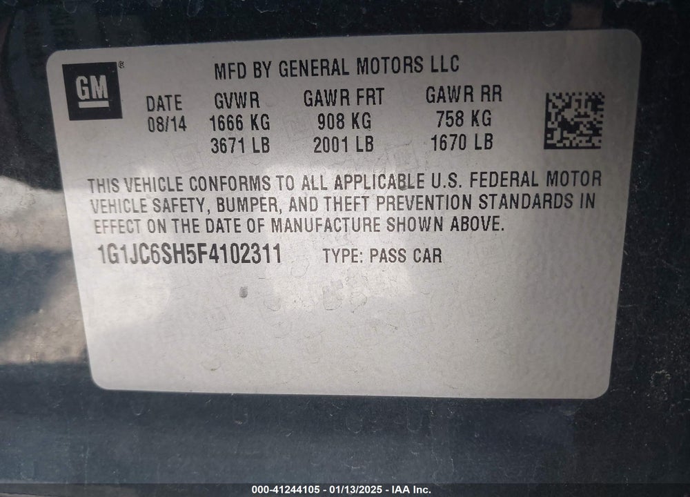 2015 CHEVROLET SONIC LT AUTO VIN: 1G1JC6SH5F4102311