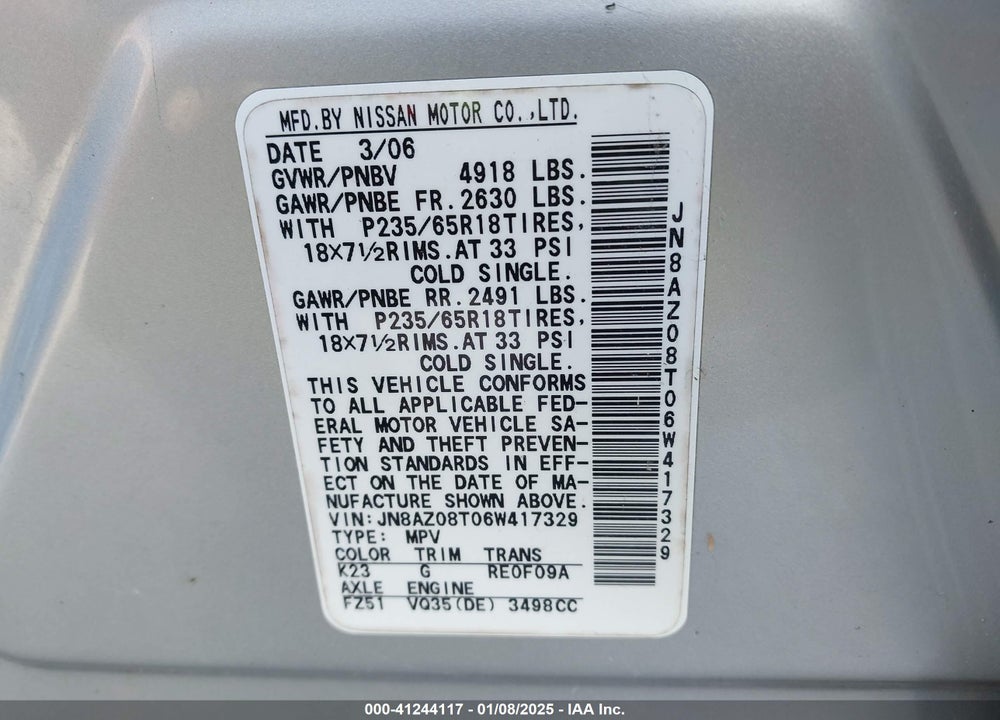 2006 NISSAN MURANO SL VIN: JN8AZ08T06W417329